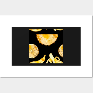 black, pineapple, banana, yellow, orange, juicy, fruit, glitter, gold, summer, pattern, funny, sunny, vivid, pink Posters and Art